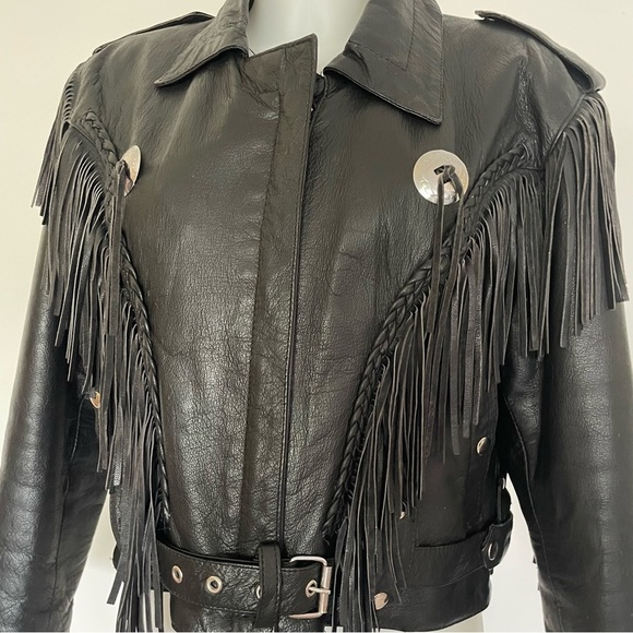VTG UNIK Premium Black Fringe Conchos Leather Motorcycle Jacket Size… - Picture 1 of 16